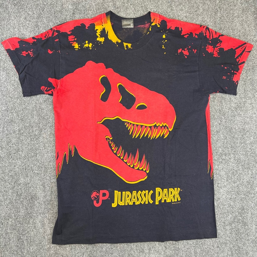 Vintage AOP 1993 Jurassic Park T-Rex All Over Print T-Shirt Black Single Stitch